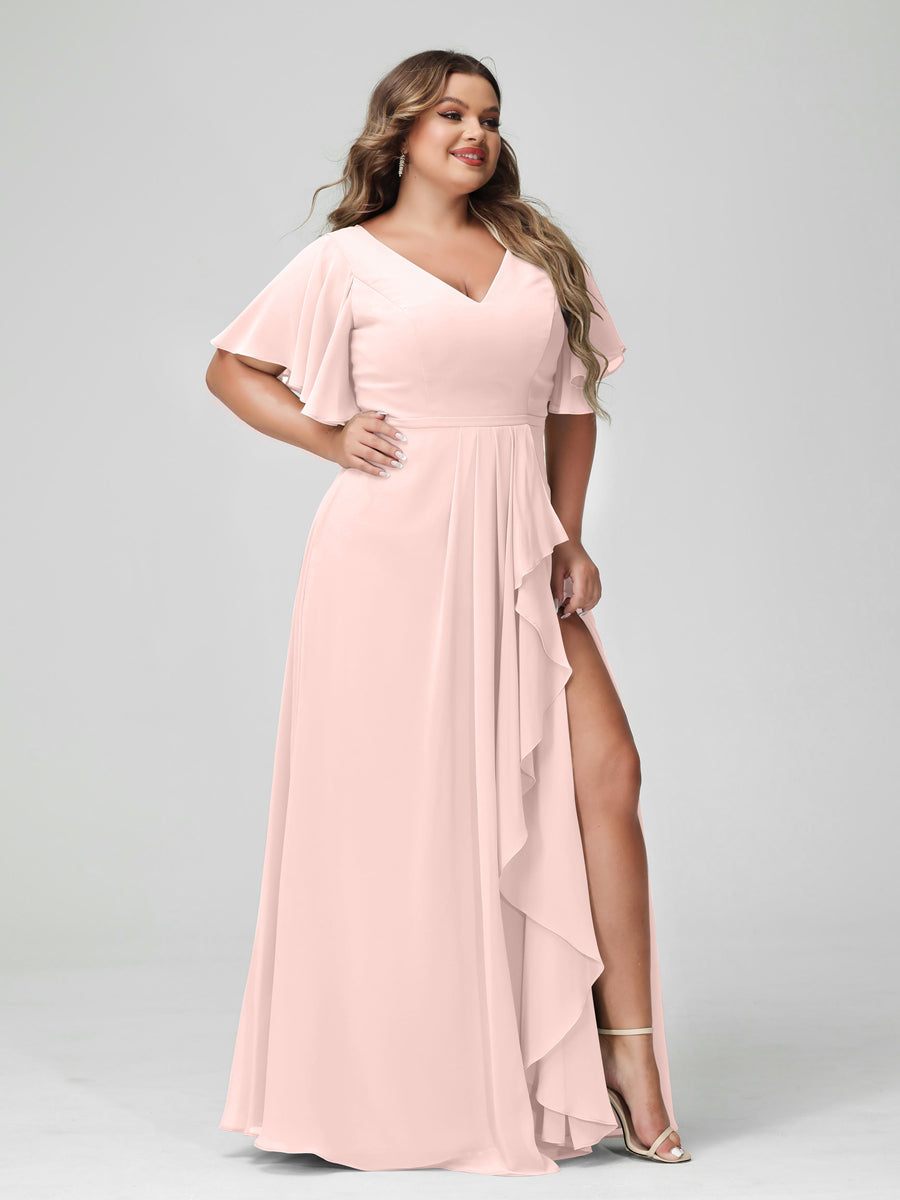 A-Line/Princess V-Neck Half Sleeves Chiffon Ruffles Plus Size Bridesmaid Dresses with Split Side Light Pink