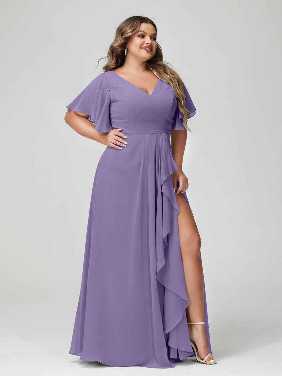 A-Line/Princess V-Neck Half Sleeves Chiffon Ruffles Plus Size Bridesmaid Dresses with Split Side Light Purple
