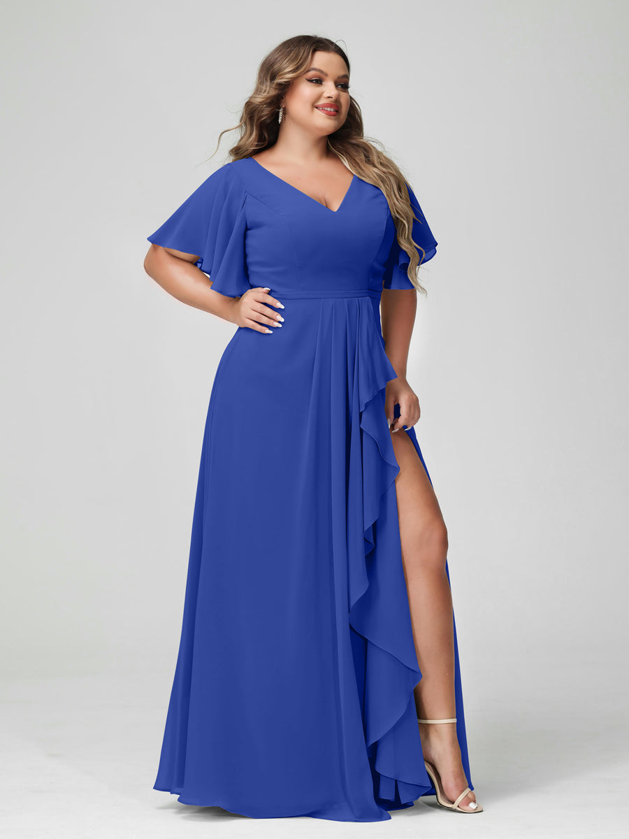 A-Line/Princess V-Neck Half Sleeves Chiffon Ruffles Plus Size Bridesmaid Dresses with Split Side Light Royal Blue
