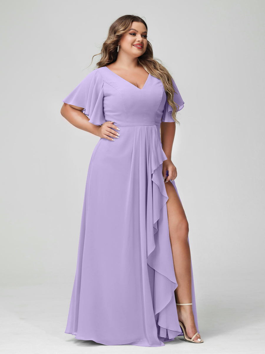 A-Line/Princess V-Neck Half Sleeves Chiffon Ruffles Plus Size Bridesmaid Dresses with Split Side Lilac