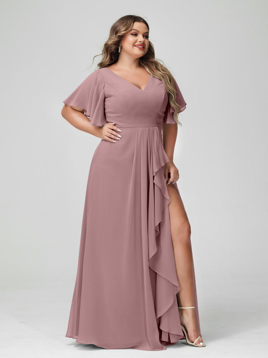 A-Line/Princess V-Neck Half Sleeves Chiffon Ruffles Plus Size Bridesmaid Dresses with Split Side Mauve