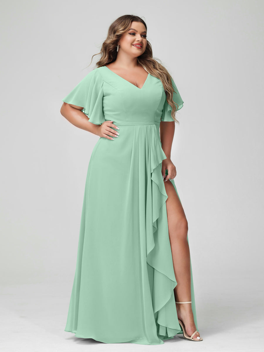A-Line/Princess V-Neck Half Sleeves Chiffon Ruffles Plus Size Bridesmaid Dresses with Split Side Mint Green
