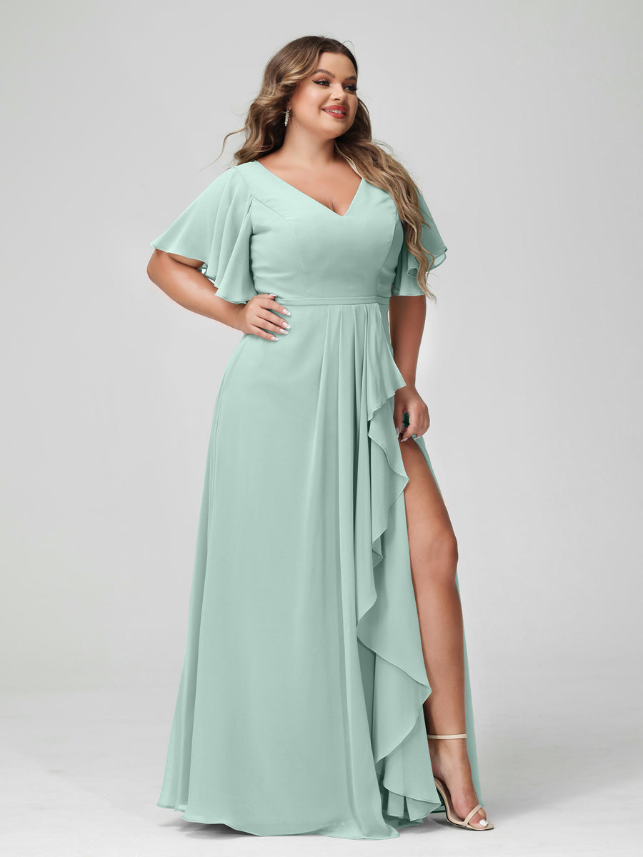 A-Line/Princess V-Neck Half Sleeves Chiffon Ruffles Plus Size Bridesmaid Dresses with Split Side Mist Blue
