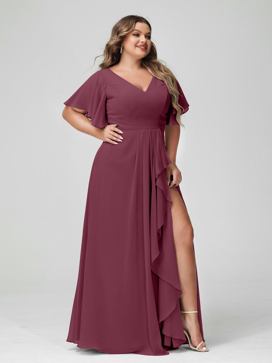 A-Line/Princess V-Neck Half Sleeves Chiffon Ruffles Plus Size Bridesmaid Dresses with Split Side Mulberry