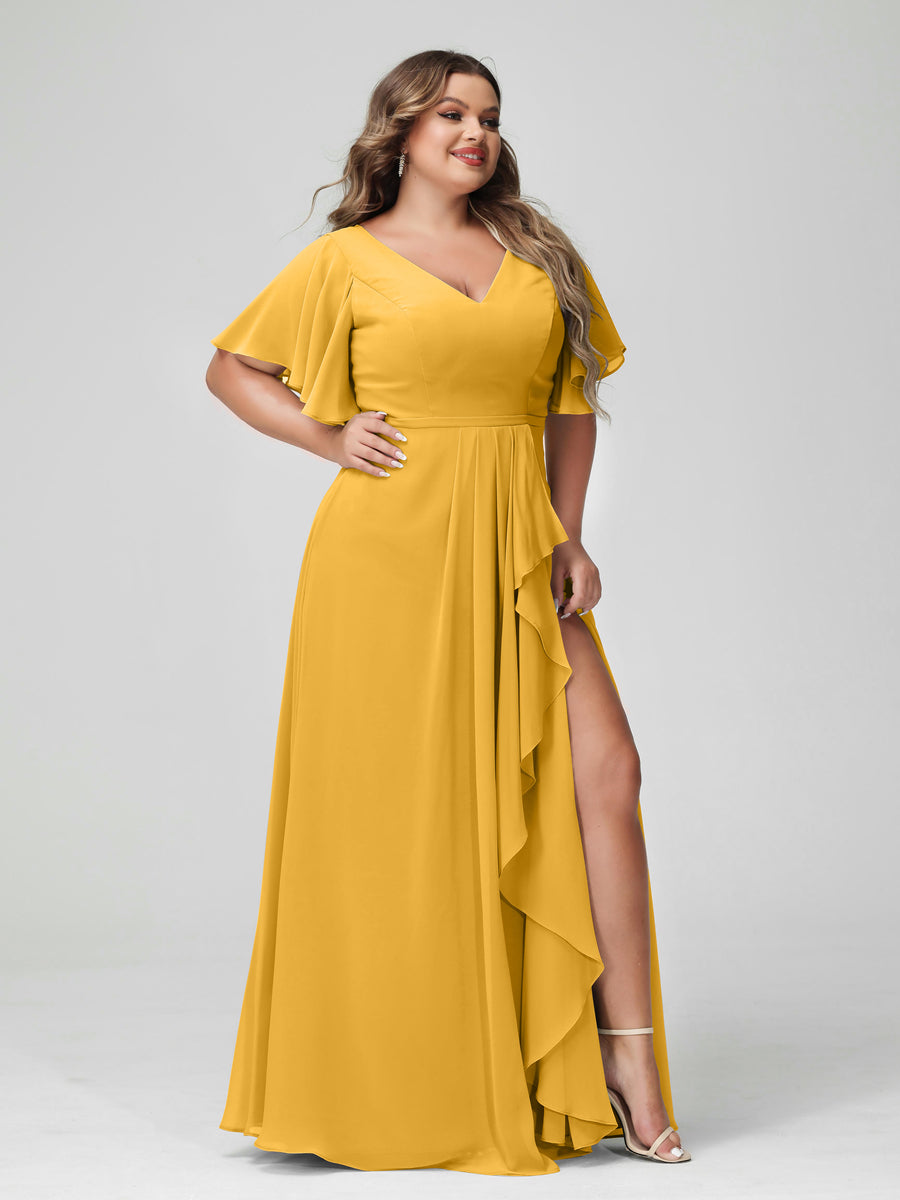 A-Line/Princess V-Neck Half Sleeves Chiffon Ruffles Plus Size Bridesmaid Dresses with Split Side Mustard Yellow