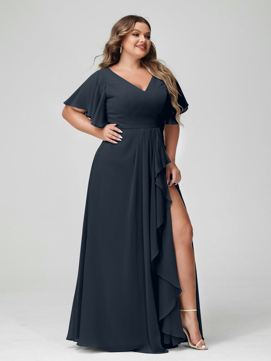 A-Line/Princess V-Neck Half Sleeves Chiffon Ruffles Plus Size Bridesmaid Dresses with Split Side Navy Blue