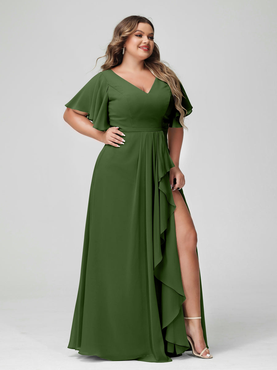 A-Line/Princess V-Neck Half Sleeves Chiffon Ruffles Plus Size Bridesmaid Dresses with Split Side Olive Green