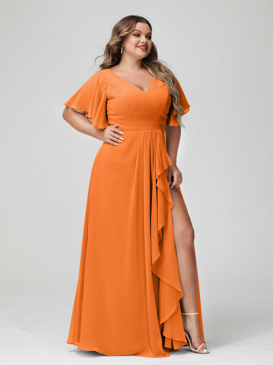 A-Line/Princess V-Neck Half Sleeves Chiffon Ruffles Plus Size Bridesmaid Dresses with Split Side Orange