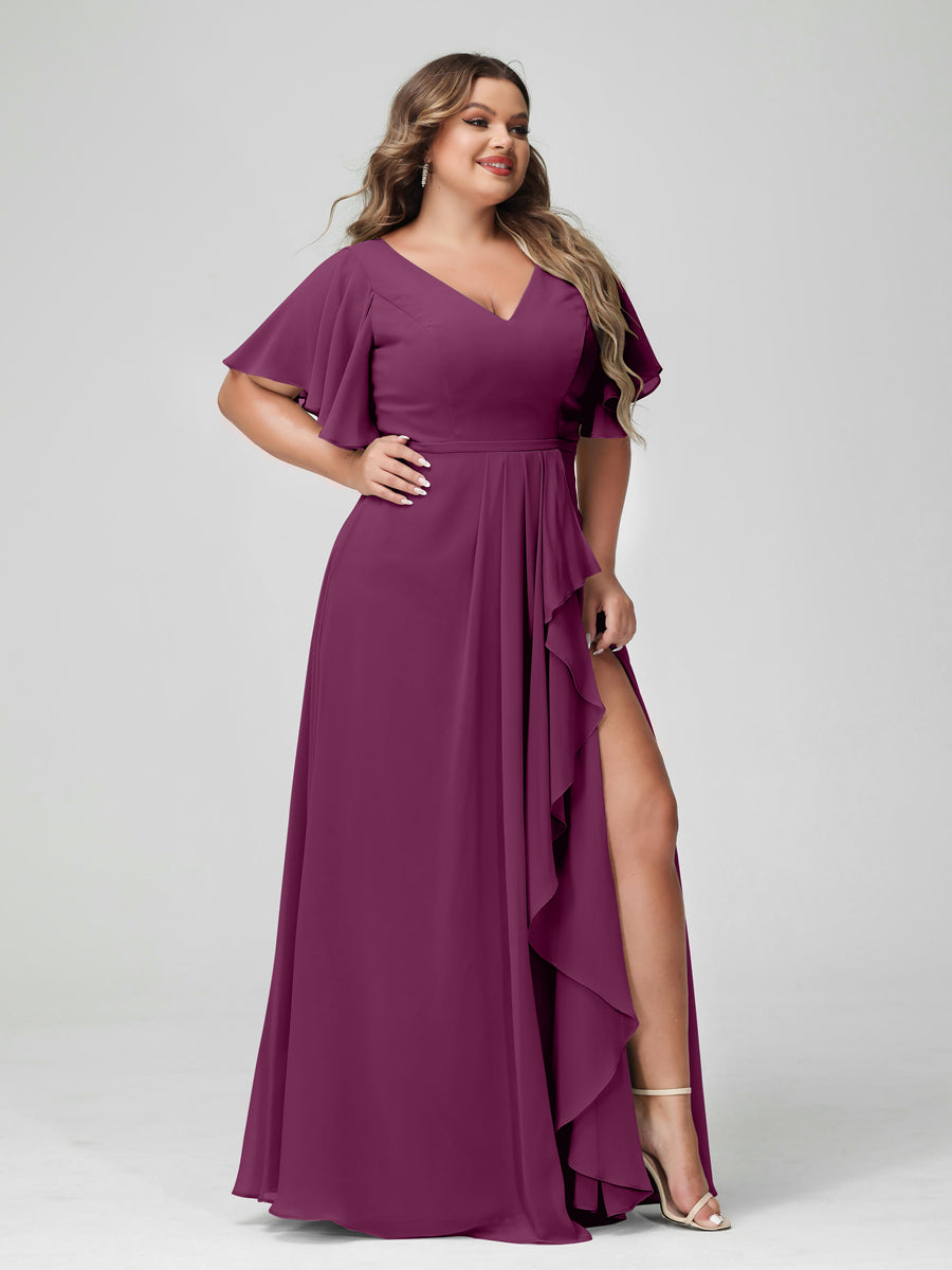 A-Line/Princess V-Neck Half Sleeves Chiffon Ruffles Plus Size Bridesmaid Dresses with Split Side Orchid
