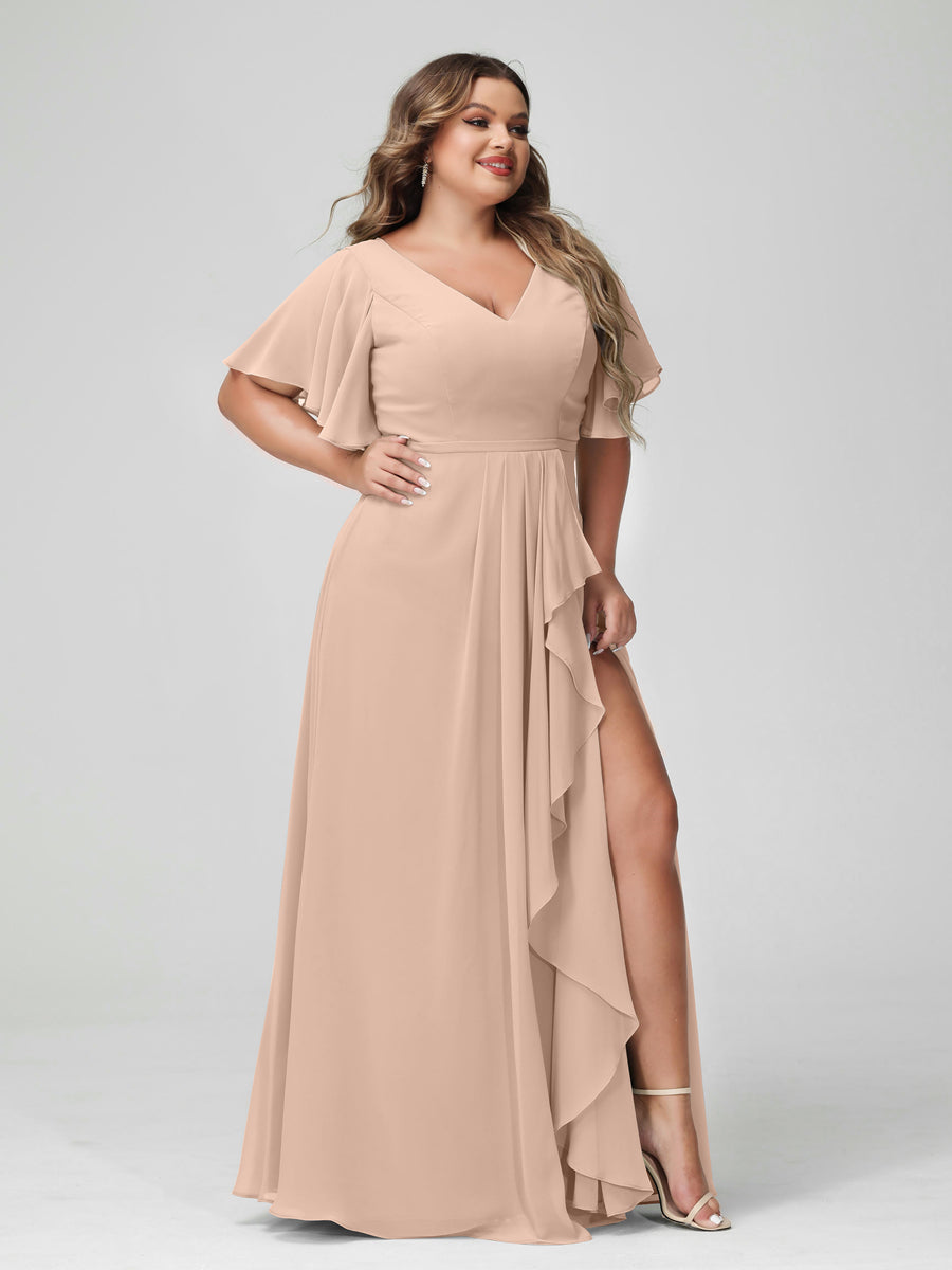 A-Line/Princess V-Neck Half Sleeves Chiffon Ruffles Plus Size Bridesmaid Dresses with Split Side Peach Pink