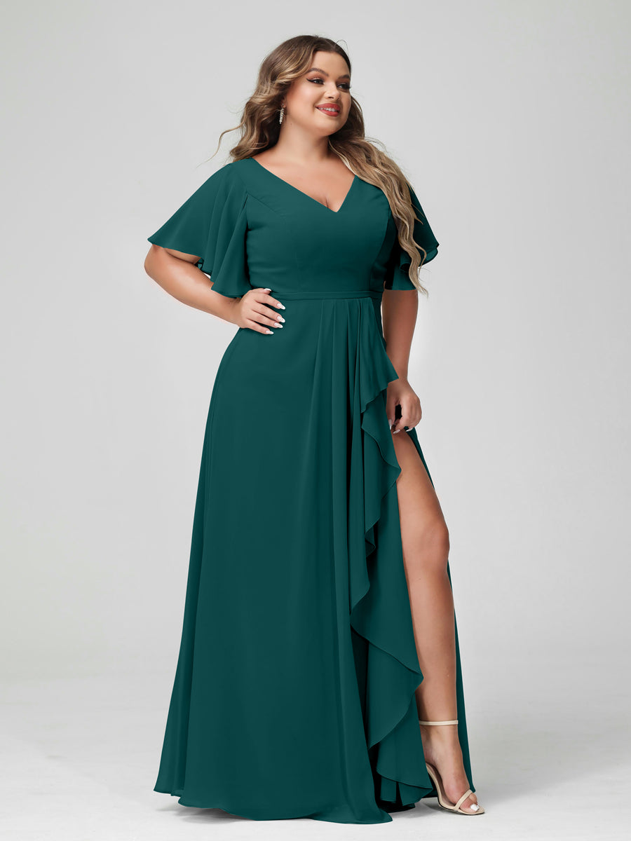 A-Line/Princess V-Neck Half Sleeves Chiffon Ruffles Plus Size Bridesmaid Dresses with Split Side Peacock