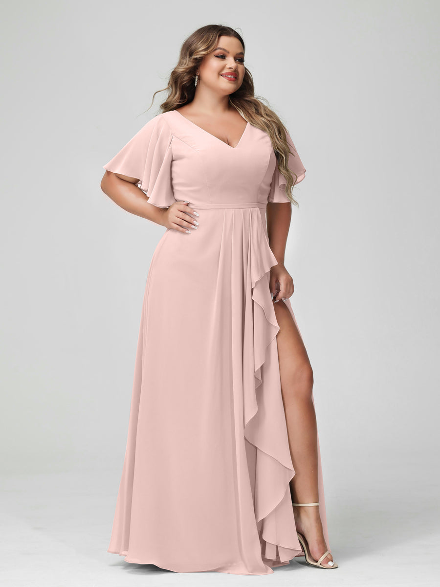 A-Line/Princess V-Neck Half Sleeves Chiffon Ruffles Plus Size Bridesmaid Dresses with Split Side Pearl Pink