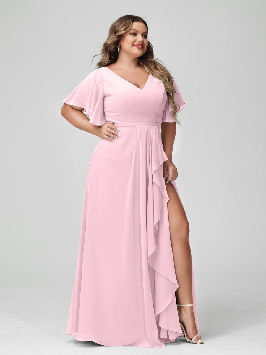 A-Line/Princess V-Neck Half Sleeves Chiffon Ruffles Plus Size Bridesmaid Dresses with Split Side Pink