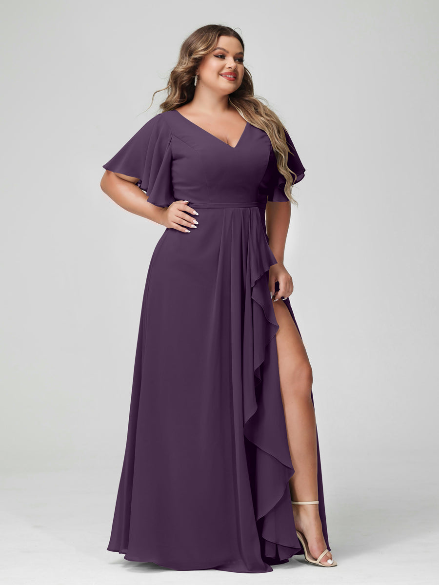 A-Line/Princess V-Neck Half Sleeves Chiffon Ruffles Plus Size Bridesmaid Dresses with Split Side Plum