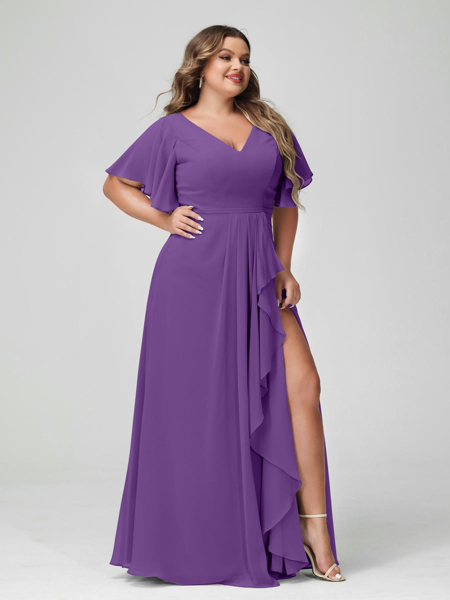 A-Line/Princess V-Neck Half Sleeves Chiffon Ruffles Plus Size Bridesmaid Dresses with Split Side Purple