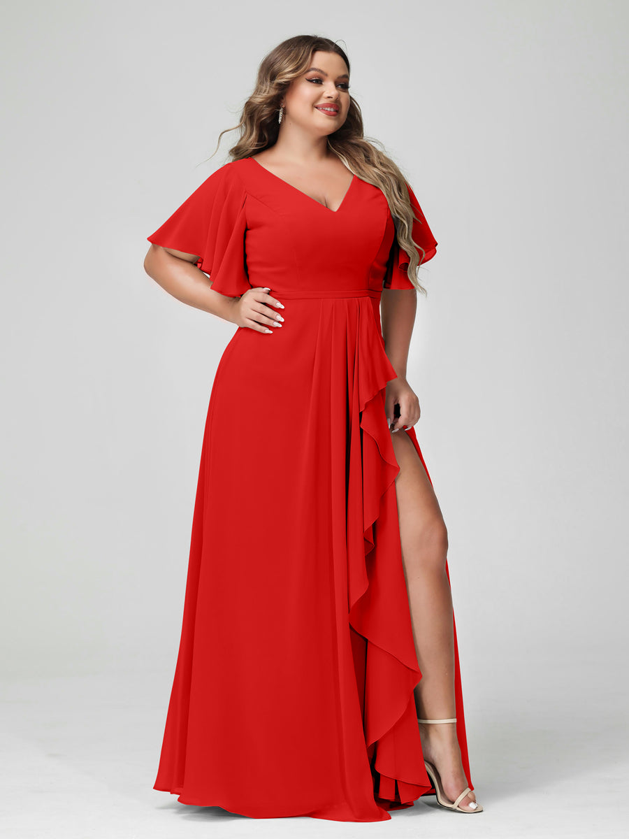 A-Line/Princess V-Neck Half Sleeves Chiffon Ruffles Plus Size Bridesmaid Dresses with Split Side Red