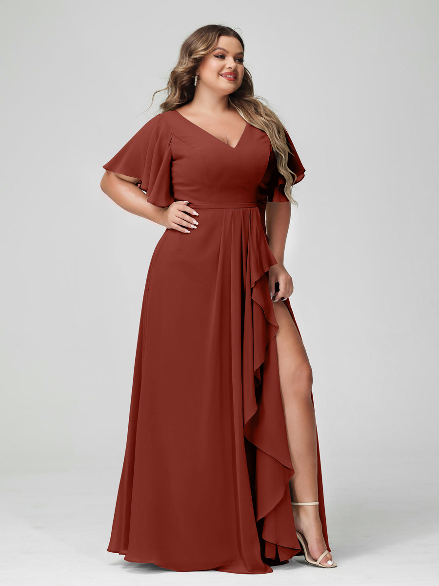 A-Line/Princess V-Neck Half Sleeves Chiffon Ruffles Plus Size Bridesmaid Dresses with Split Side Rust