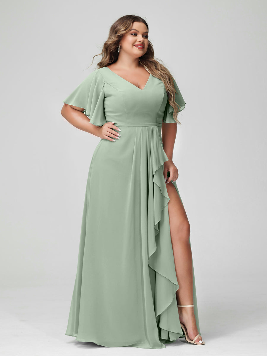 A-Line/Princess V-Neck Half Sleeves Chiffon Ruffles Plus Size Bridesmaid Dresses with Split Side Sage