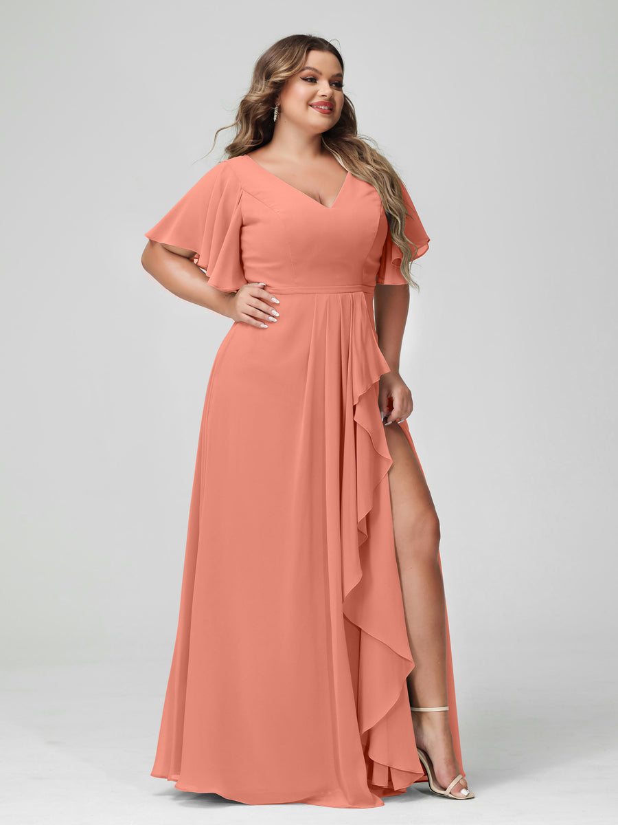 A-Line/Princess V-Neck Half Sleeves Chiffon Ruffles Plus Size Bridesmaid Dresses with Split Side Salmon