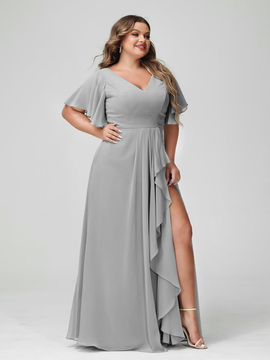 A-Line/Princess V-Neck Half Sleeves Chiffon Ruffles Plus Size Bridesmaid Dresses with Split Side Silver