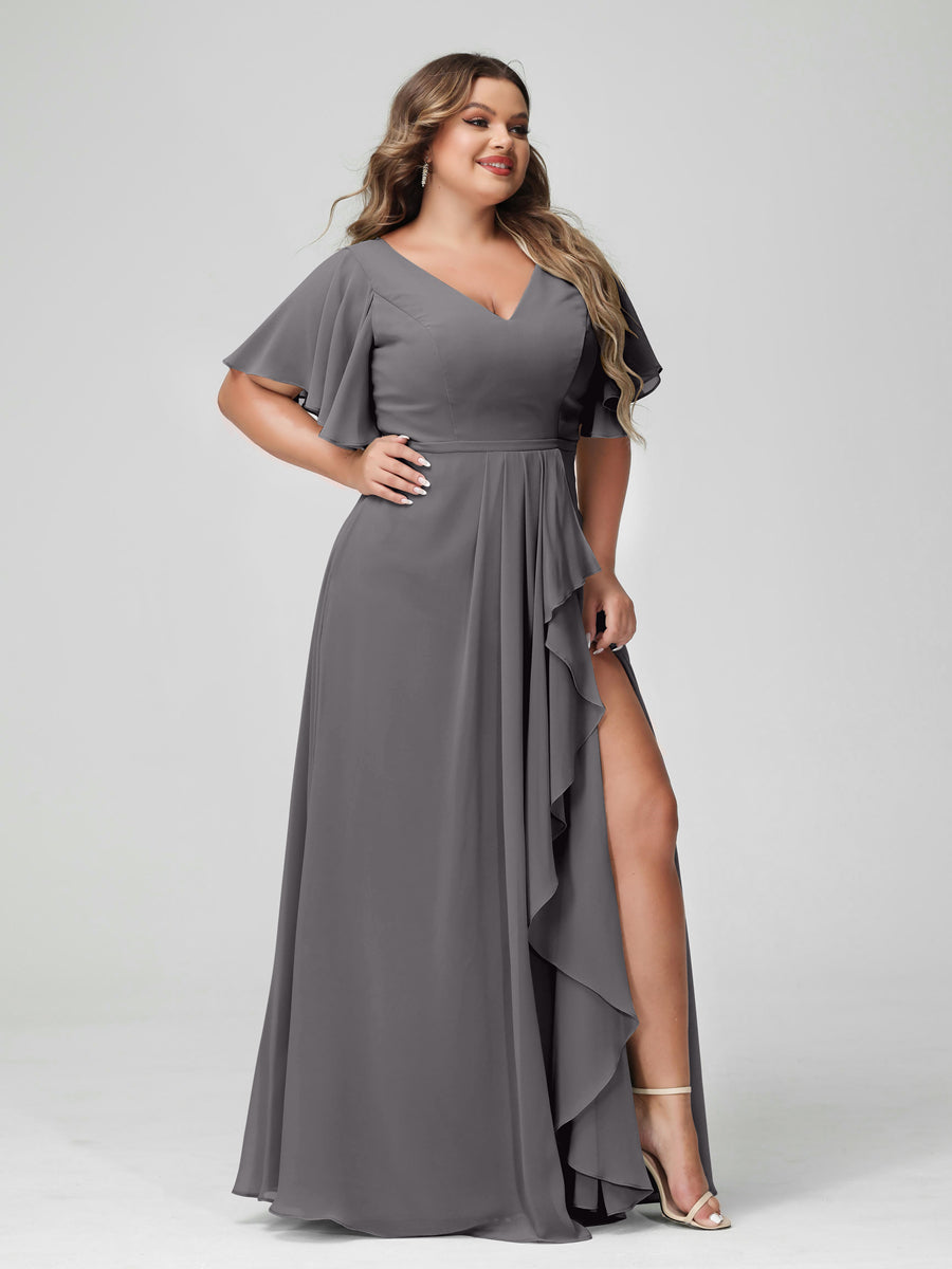 A-Line/Princess V-Neck Half Sleeves Chiffon Ruffles Plus Size Bridesmaid Dresses with Split Side Silver Gray