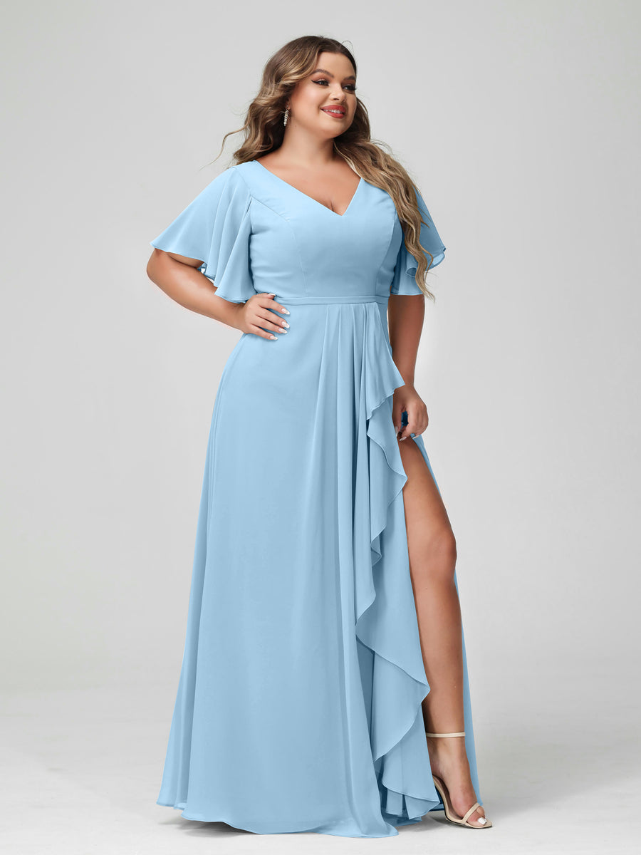 A-Line/Princess V-Neck Half Sleeves Chiffon Ruffles Plus Size Bridesmaid Dresses with Split Side Sky Blue