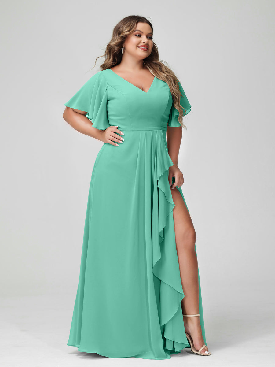 A-Line/Princess V-Neck Half Sleeves Chiffon Ruffles Plus Size Bridesmaid Dresses with Split Side Spa