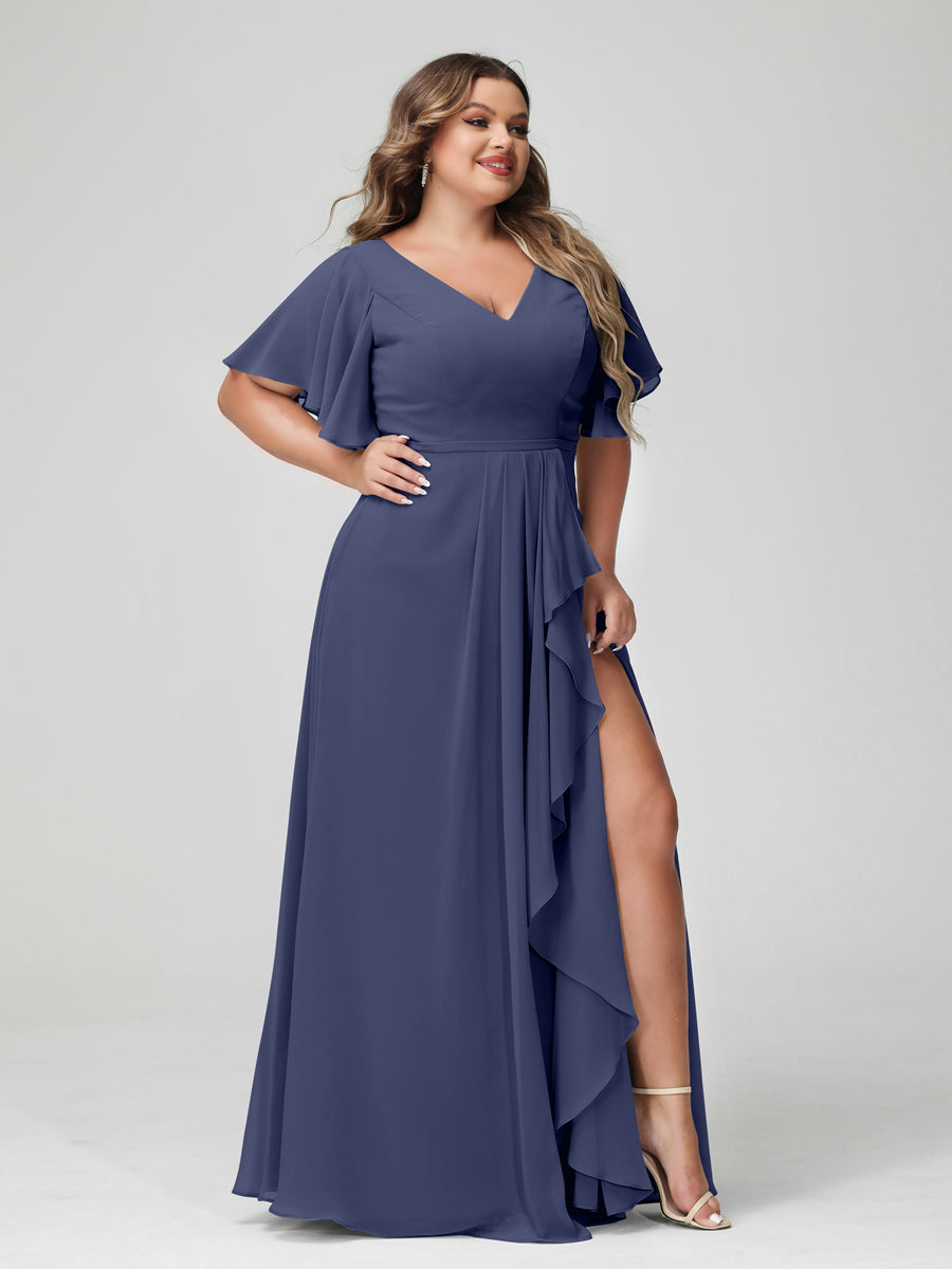 A-Line/Princess V-Neck Half Sleeves Chiffon Ruffles Plus Size Bridesmaid Dresses with Split Side Stormy Blue