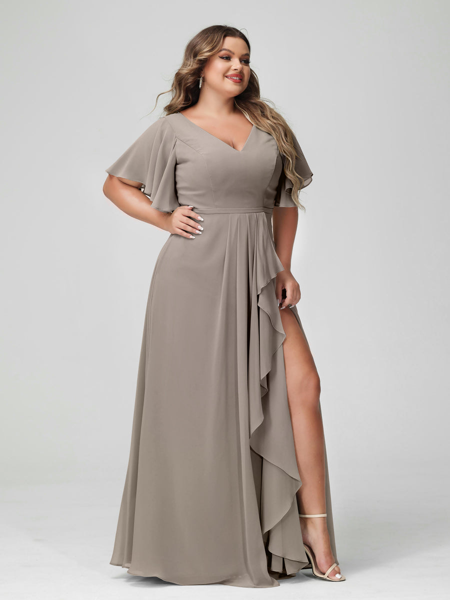 A-Line/Princess V-Neck Half Sleeves Chiffon Ruffles Plus Size Bridesmaid Dresses with Split Side Taupe
