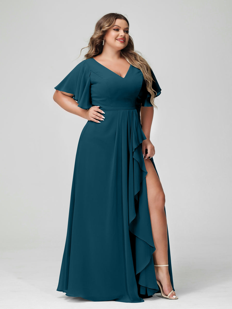 A-Line/Princess V-Neck Half Sleeves Chiffon Ruffles Plus Size Bridesmaid Dresses with Split Side Teal