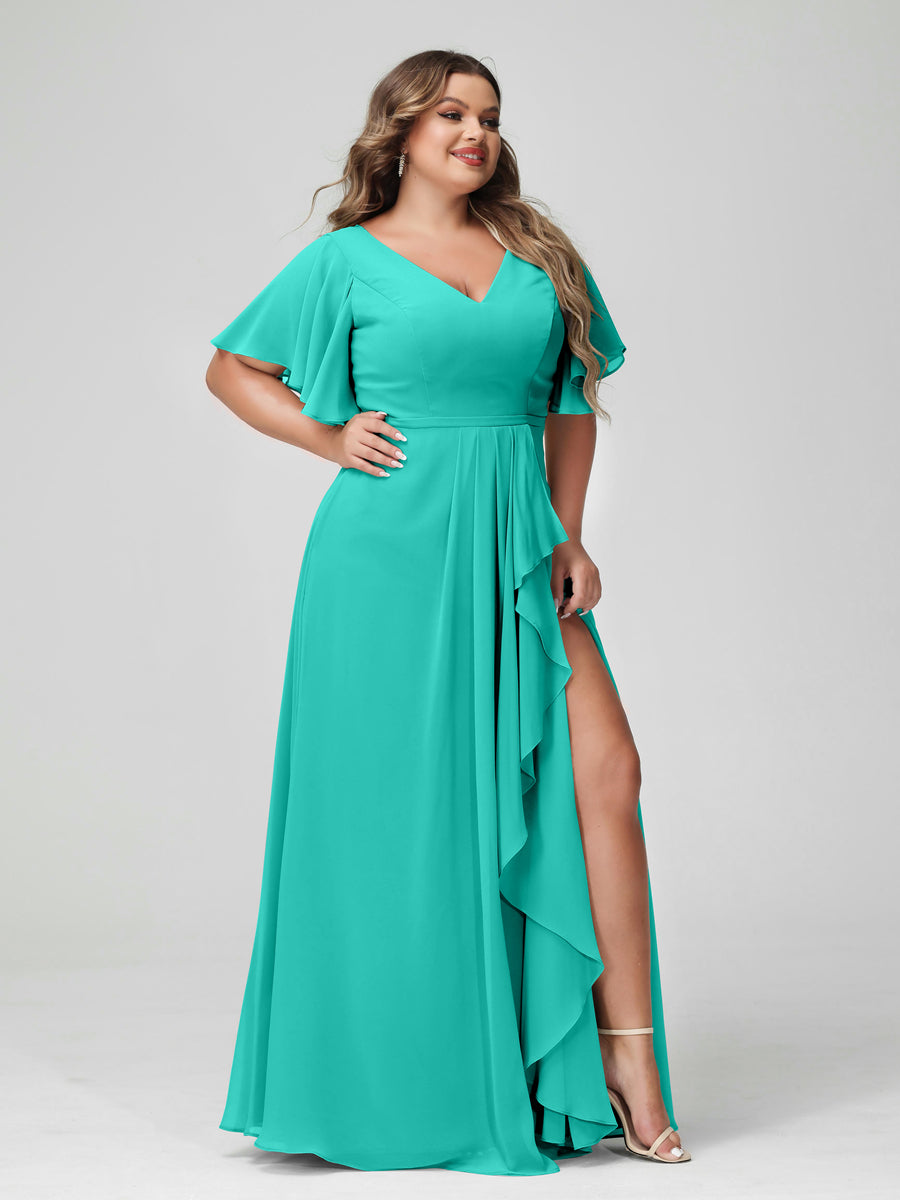 A-Line/Princess V-Neck Half Sleeves Chiffon Ruffles Plus Size Bridesmaid Dresses with Split Side Turquoise
