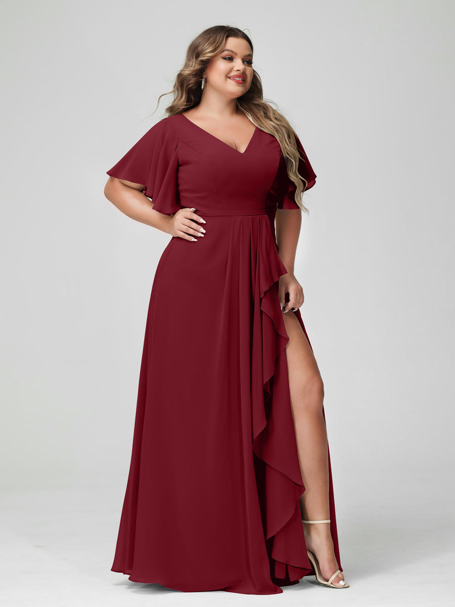 A-Line/Princess V-Neck Half Sleeves Chiffon Ruffles Plus Size Bridesmaid Dresses with Split Side Wine Red