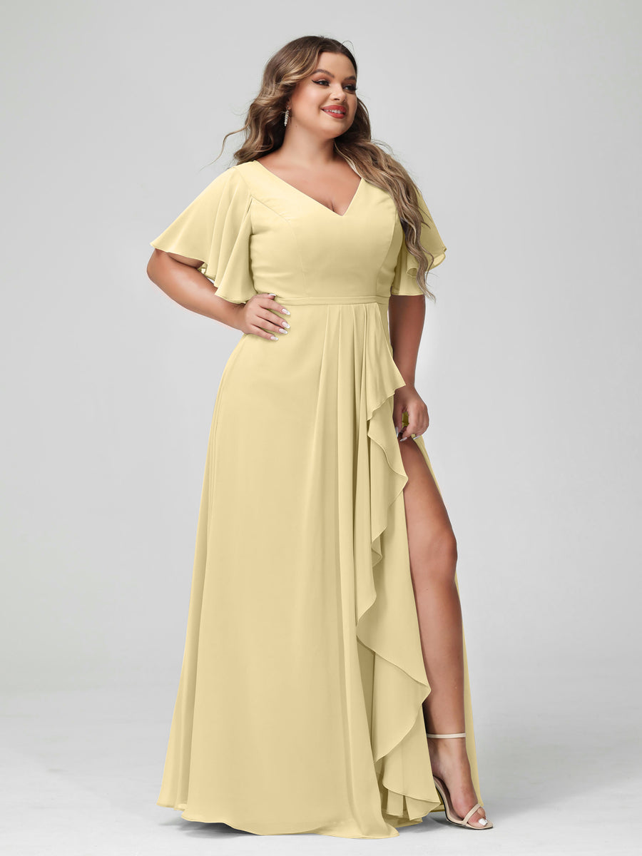 A-Line/Princess V-Neck Half Sleeves Chiffon Ruffles Plus Size Bridesmaid Dresses with Split Side Yellow