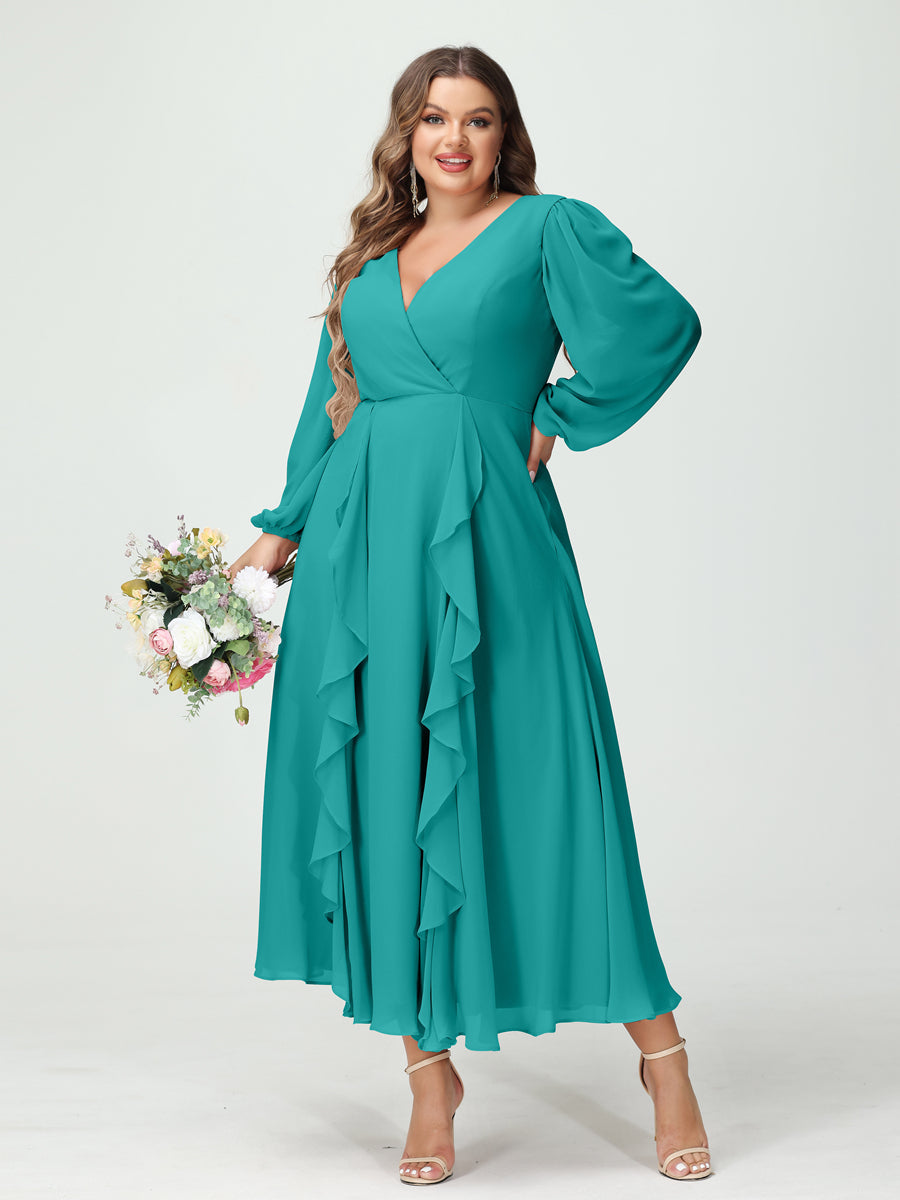 A-Line/Princess V-Neck Long Sleeves Chiffon Tea-Length Ruffles Plus Size Bridesmaid Dresses with Pockets Aqua Blue