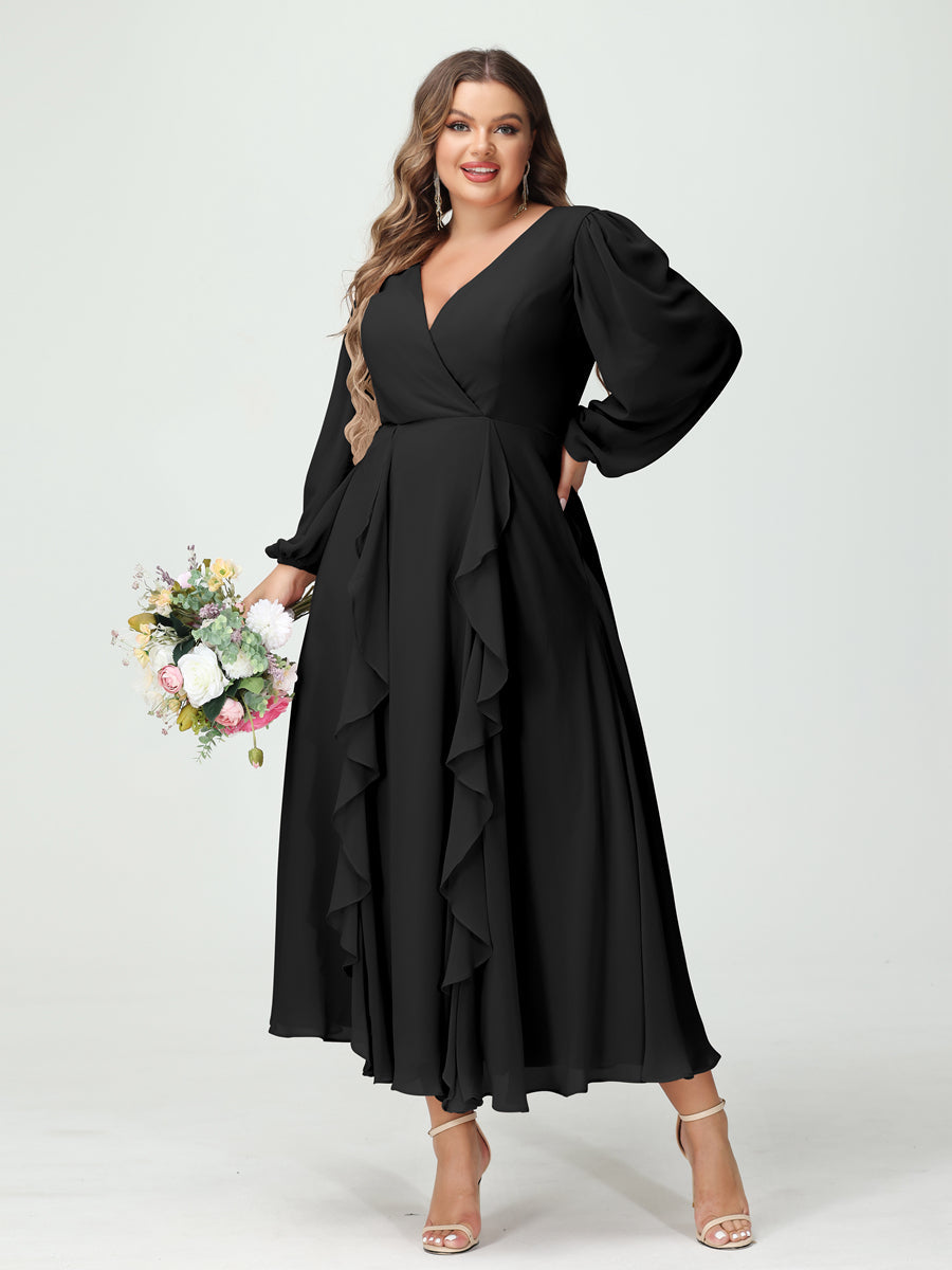 A-Line/Princess V-Neck Long Sleeves Chiffon Tea-Length Ruffles Plus Size Bridesmaid Dresses with Pockets Black
