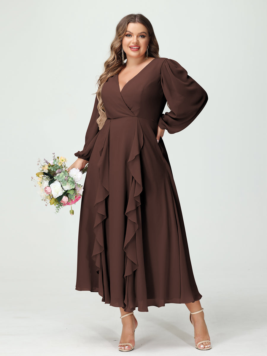 A-Line/Princess V-Neck Long Sleeves Chiffon Tea-Length Ruffles Plus Size Bridesmaid Dresses with Pockets Brown