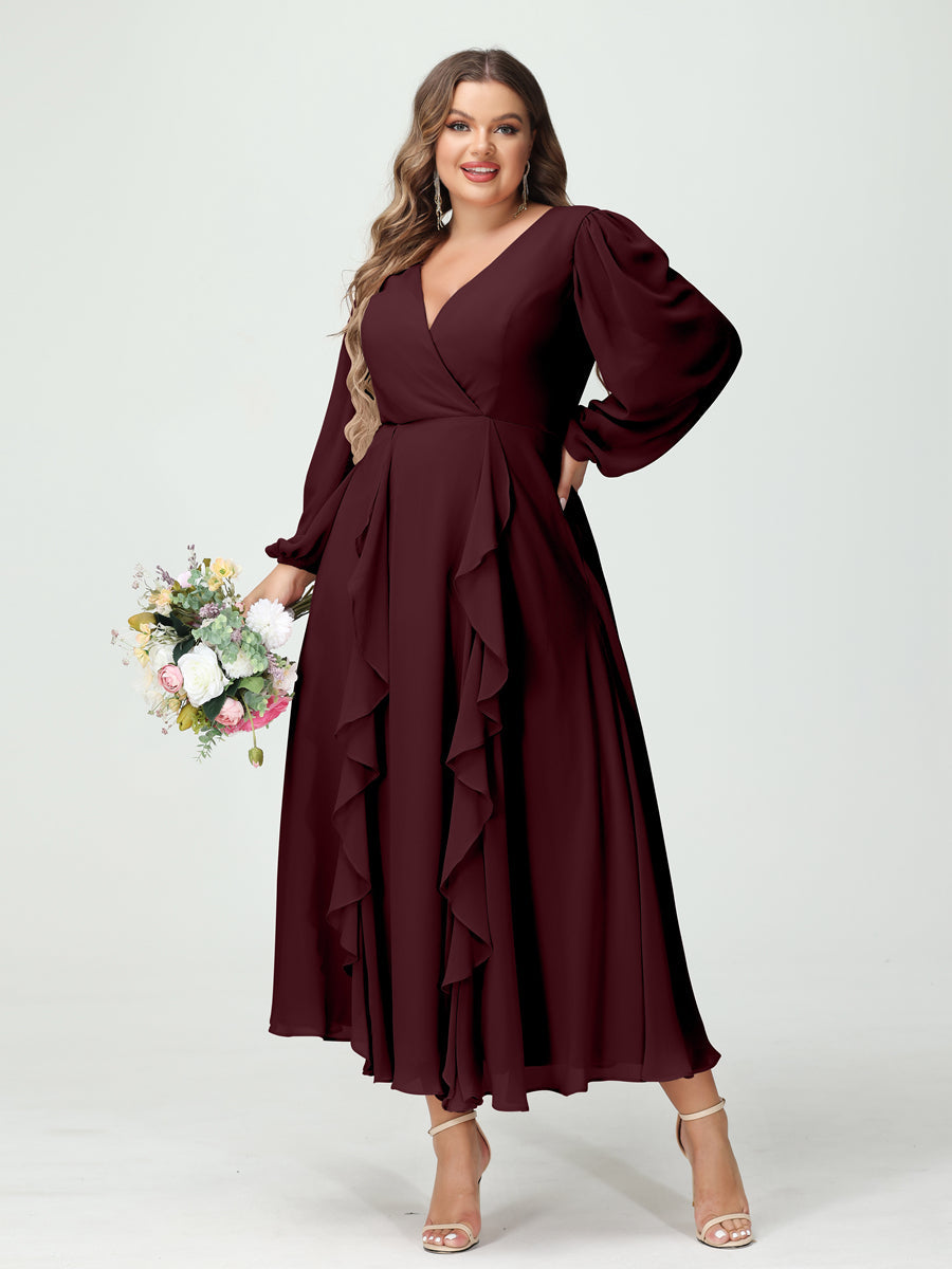 A-Line/Princess V-Neck Long Sleeves Chiffon Tea-Length Ruffles Plus Size Bridesmaid Dresses with Pockets Burgundy