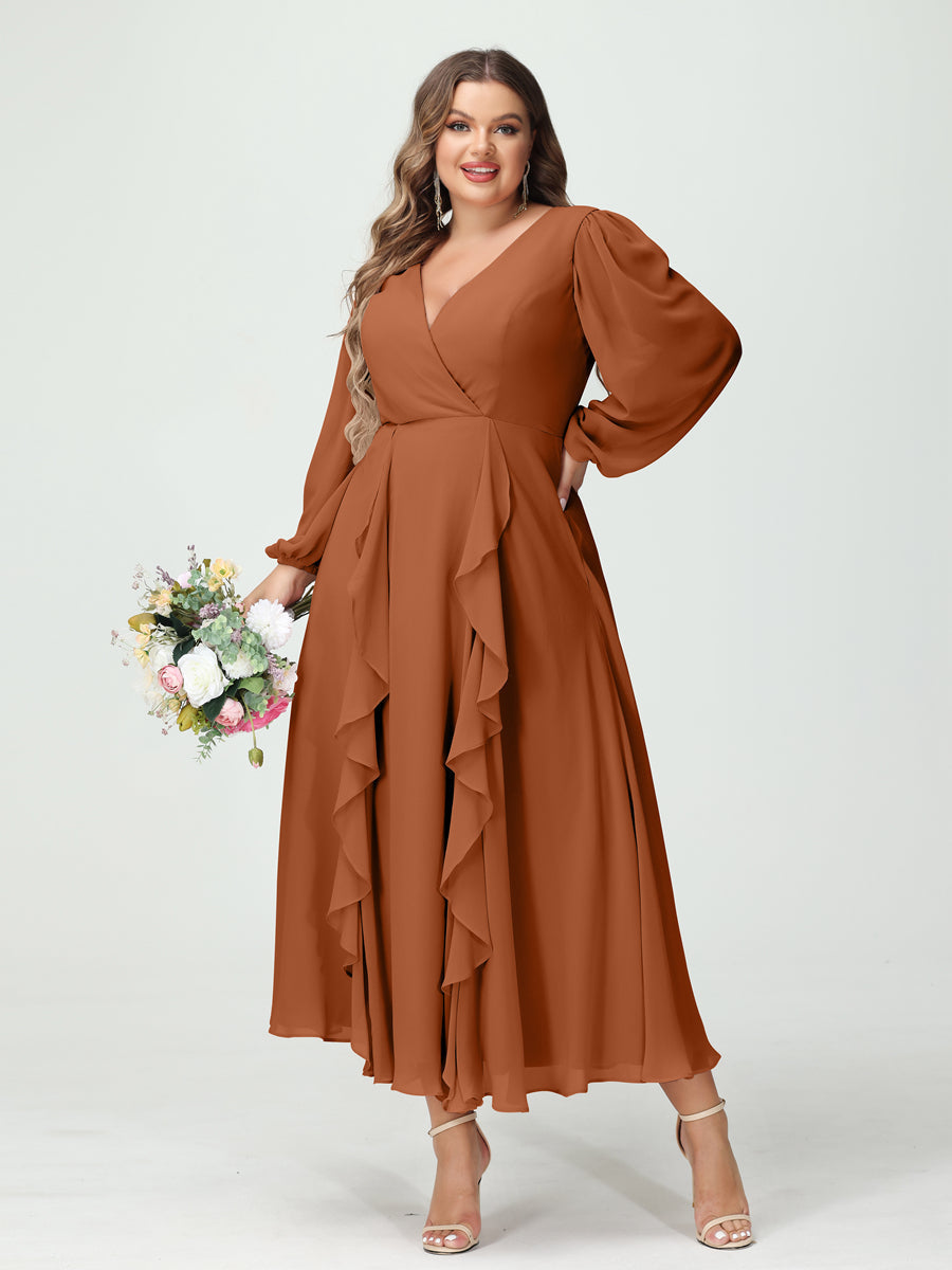 A-Line/Princess V-Neck Long Sleeves Chiffon Tea-Length Ruffles Plus Size Bridesmaid Dresses with Pockets Burnt Orange