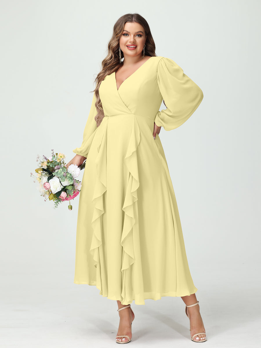 A-Line/Princess V-Neck Long Sleeves Chiffon Tea-Length Ruffles Plus Size Bridesmaid Dresses with Pockets Canary