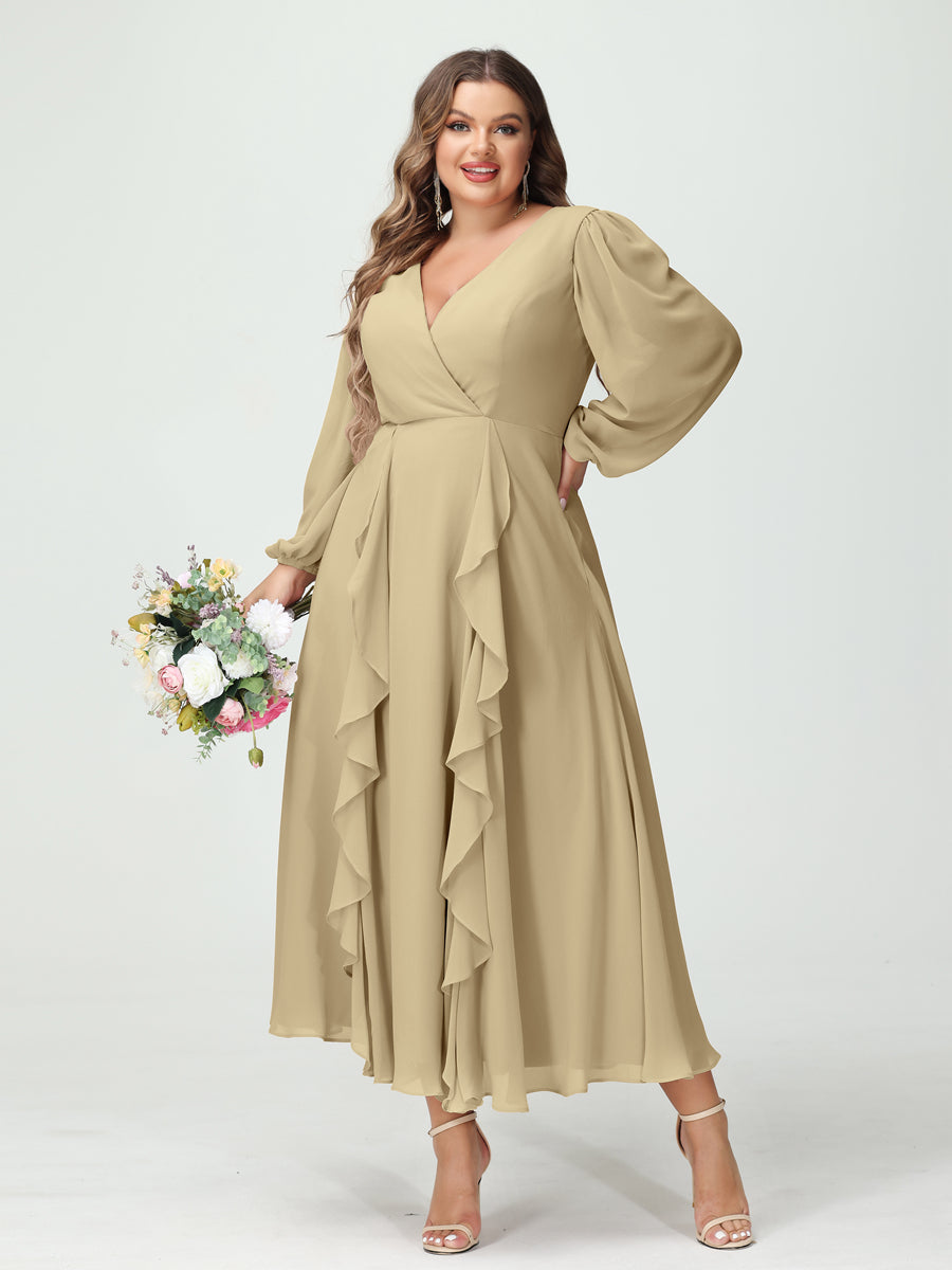 A-Line/Princess V-Neck Long Sleeves Chiffon Tea-Length Ruffles Plus Size Bridesmaid Dresses with Pockets Champagne