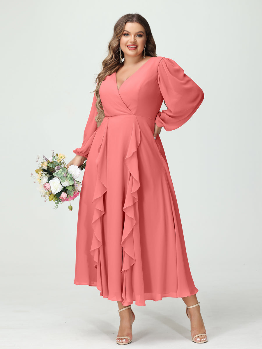 A-Line/Princess V-Neck Long Sleeves Chiffon Tea-Length Ruffles Plus Size Bridesmaid Dresses with Pockets Coral