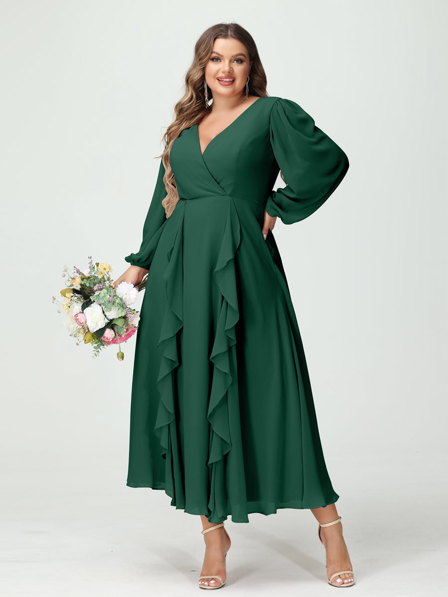 A-Line/Princess V-Neck Long Sleeves Chiffon Tea-Length Ruffles Plus Size Bridesmaid Dresses with Pockets Dark Green