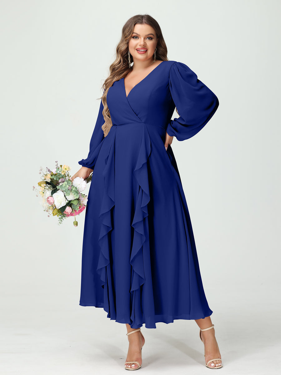 A-Line/Princess V-Neck Long Sleeves Chiffon Tea-Length Ruffles Plus Size Bridesmaid Dresses with Pockets Dark Royal Blue