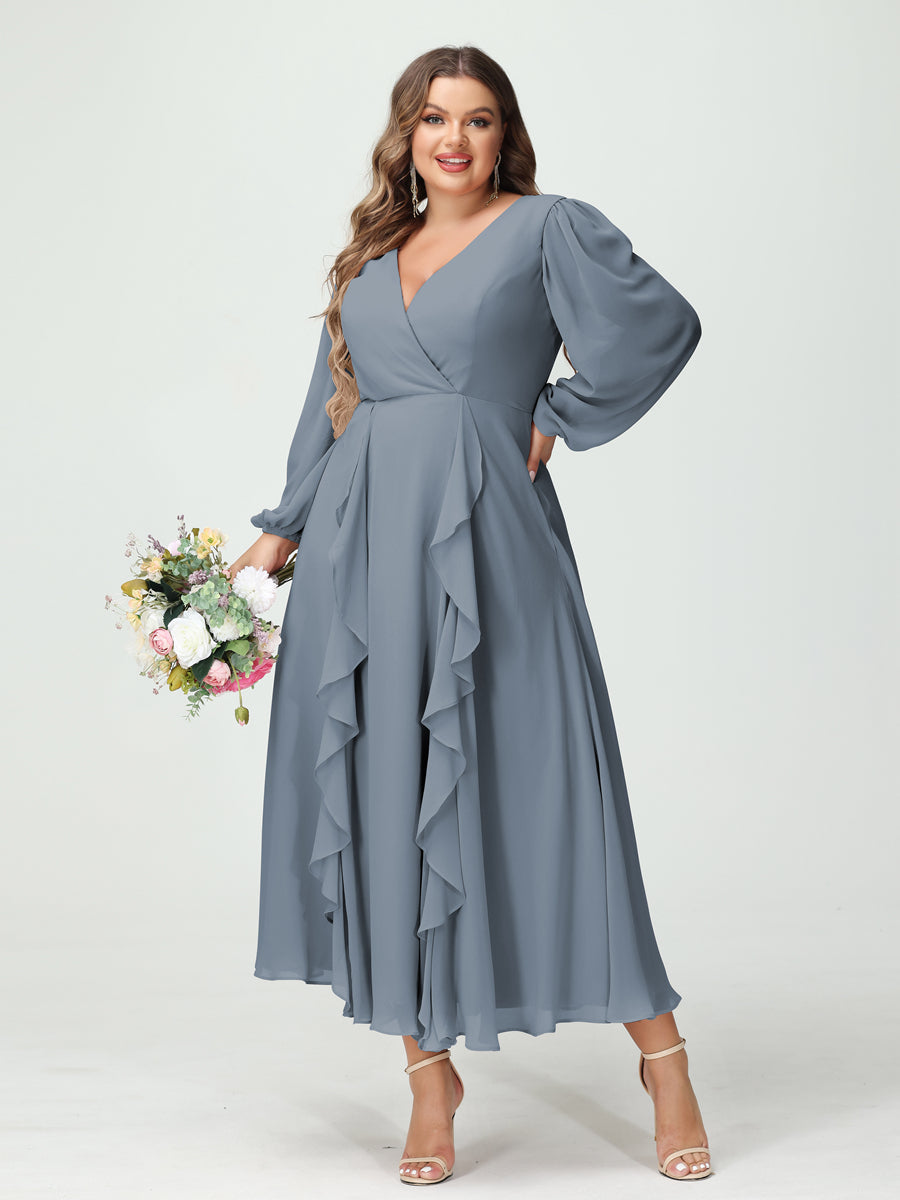 A-Line/Princess V-Neck Long Sleeves Chiffon Tea-Length Ruffles Plus Size Bridesmaid Dresses with Pockets Dusty Blue