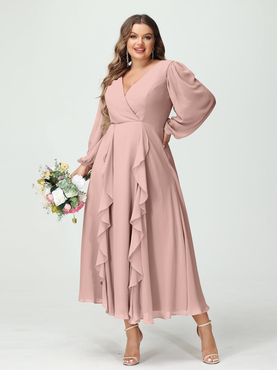 A-Line/Princess V-Neck Long Sleeves Chiffon Tea-Length Ruffles Plus Size Bridesmaid Dresses with Pockets Dusty Pink