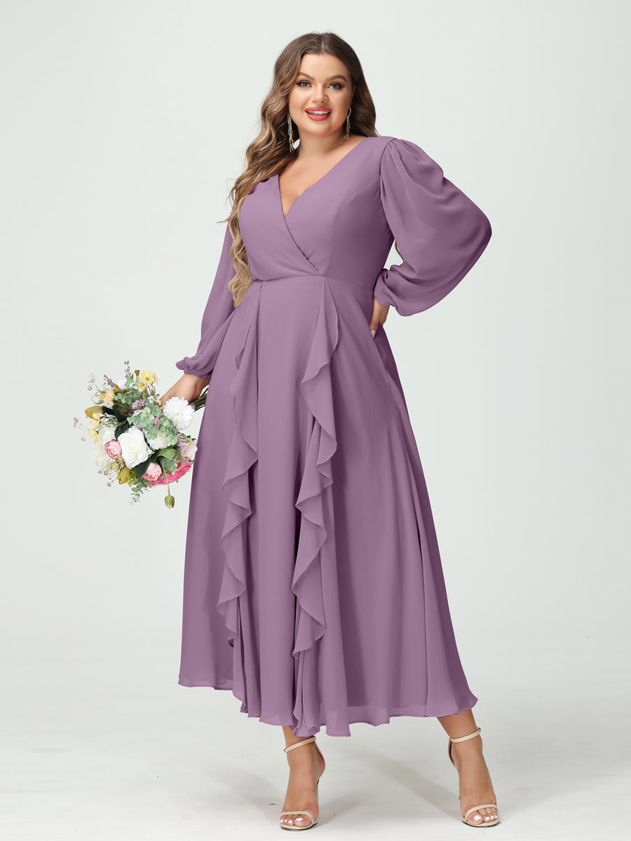A-Line/Princess V-Neck Long Sleeves Chiffon Tea-Length Ruffles Plus Size Bridesmaid Dresses with Pockets Dusty Purple