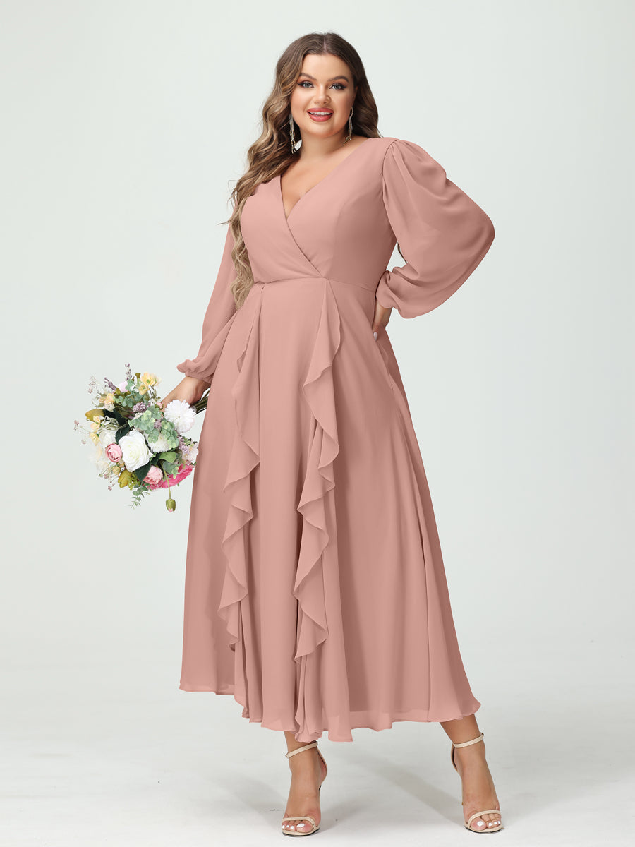 A-Line/Princess V-Neck Long Sleeves Chiffon Tea-Length Ruffles Plus Size Bridesmaid Dresses with Pockets Dusty Rose