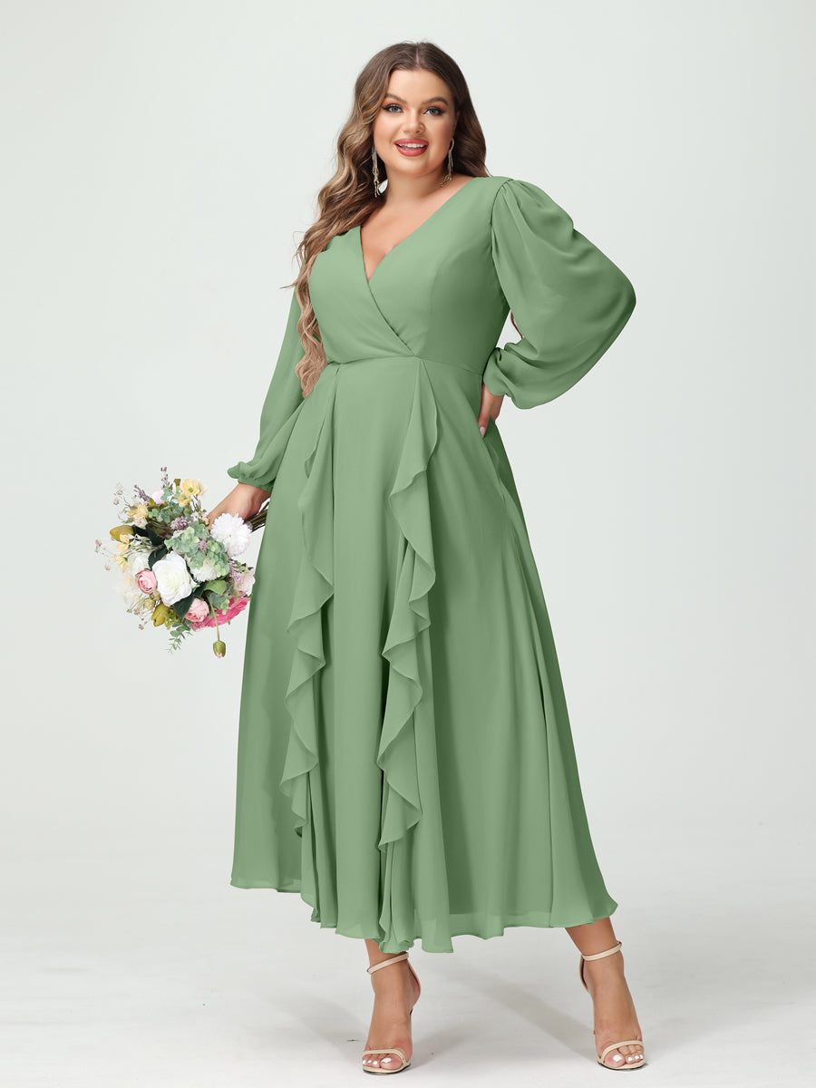 A-Line/Princess V-Neck Long Sleeves Chiffon Tea-Length Ruffles Plus Size Bridesmaid Dresses with Pockets Dusty Sage