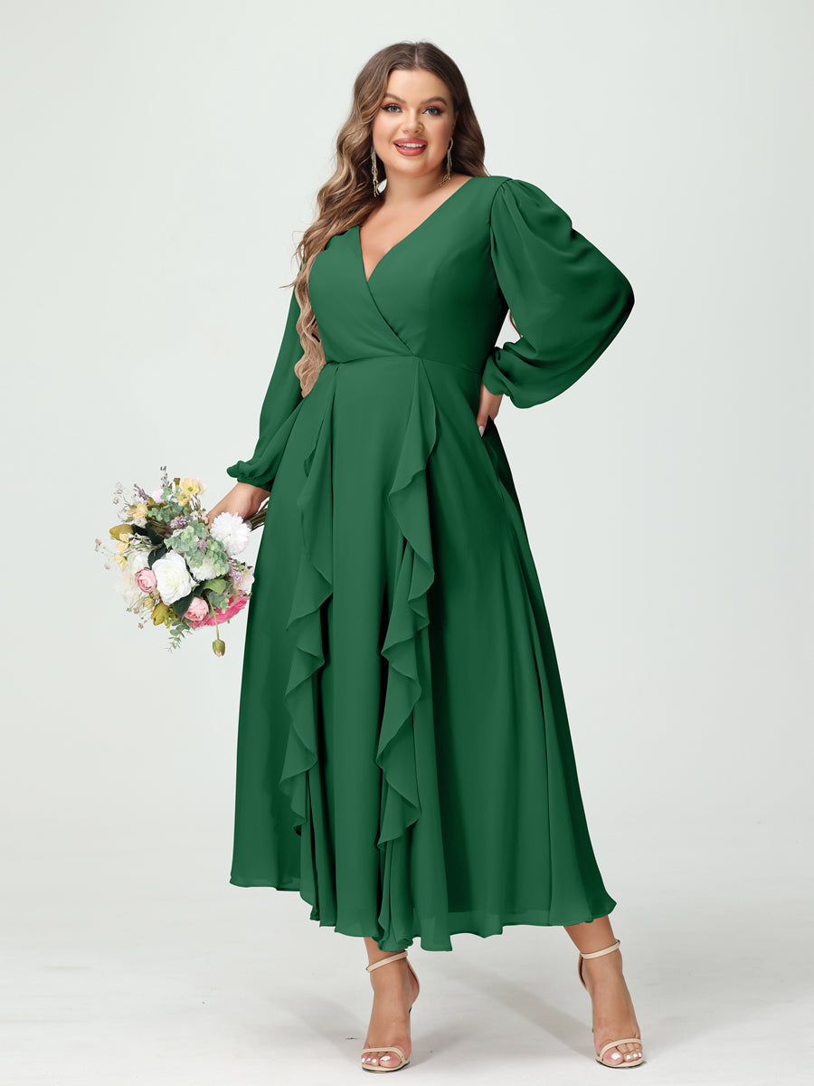 A-Line/Princess V-Neck Long Sleeves Chiffon Tea-Length Ruffles Plus Size Bridesmaid Dresses with Pockets Emerald