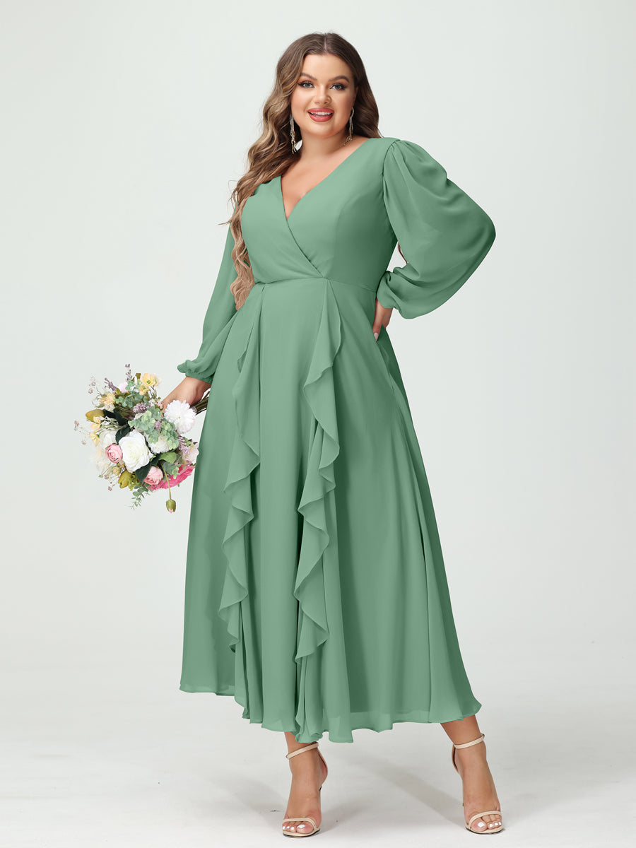 A-Line/Princess V-Neck Long Sleeves Chiffon Tea-Length Ruffles Plus Size Bridesmaid Dresses with Pockets Eucalyptus